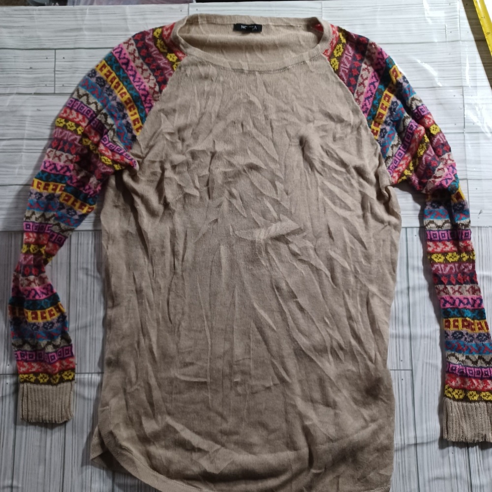 Novica Womens Size L Peru Knit Sweater Fair Isle Raglan Sleeve Tan Multi Color